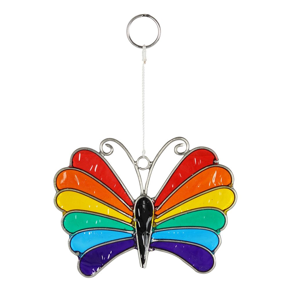 A multicolored, rainbow-patterned butterfly-shaped suncatcher made of soapstone.